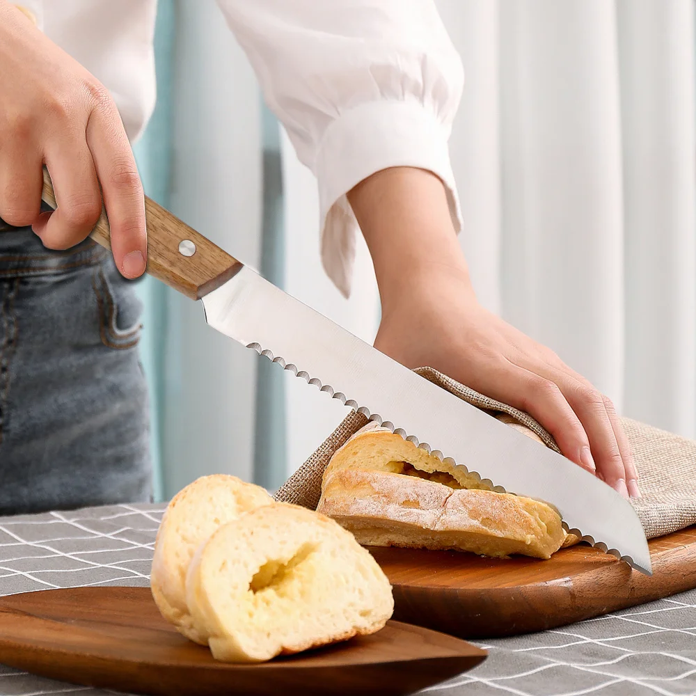 Jaswehome Non-slip Wooden Handle Bread Knife Non-stick Stainless Steel Cake Spatula Serrated Acacia Wood Cooking Toaster Knife