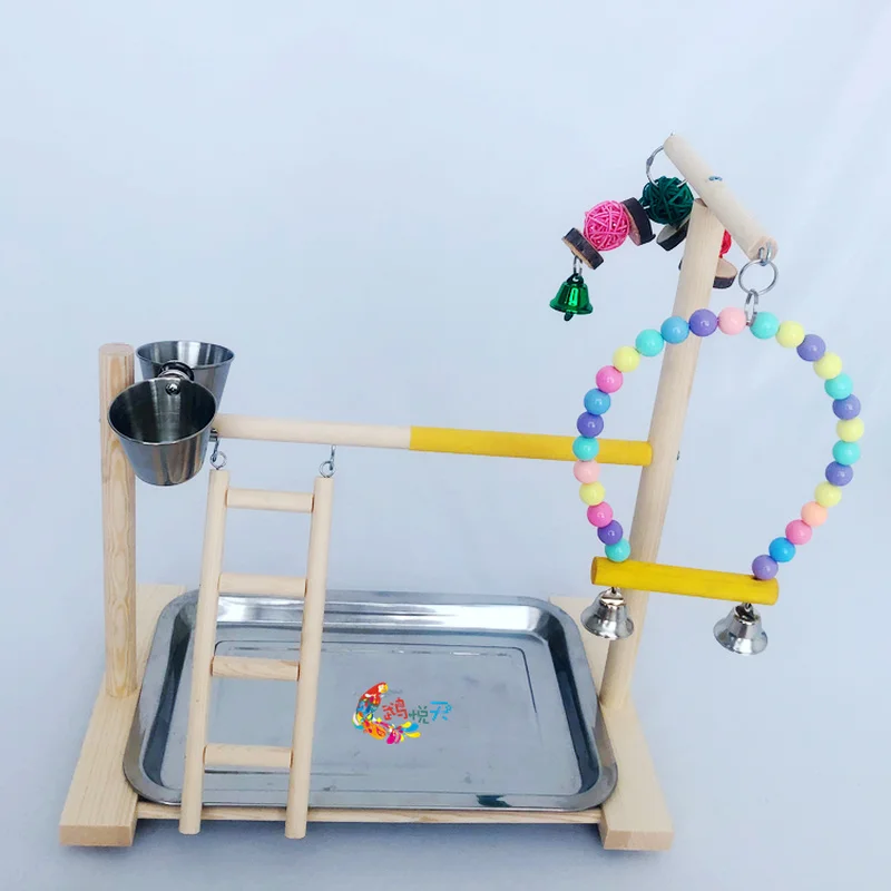 Wood Parrot Playstand Bird Play Stand Cockatiel Playground Perch Gym Playpen Ladder with Feeder Cups Toys  WJ51227