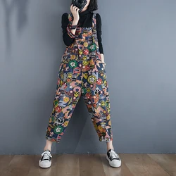 2023 Spring Autumn New Cartoon Print Strap Jeans Women's Casual Denim Jumpsuit Trousers Loose Femme Harem Pants Female H1523