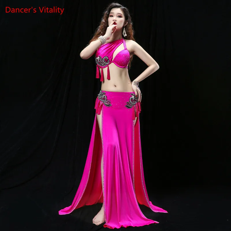 Belly Dance Suit Diamond-Studded Bra Split Long Skirt Competition Clothes Set Female Top Profession Performance Clothing