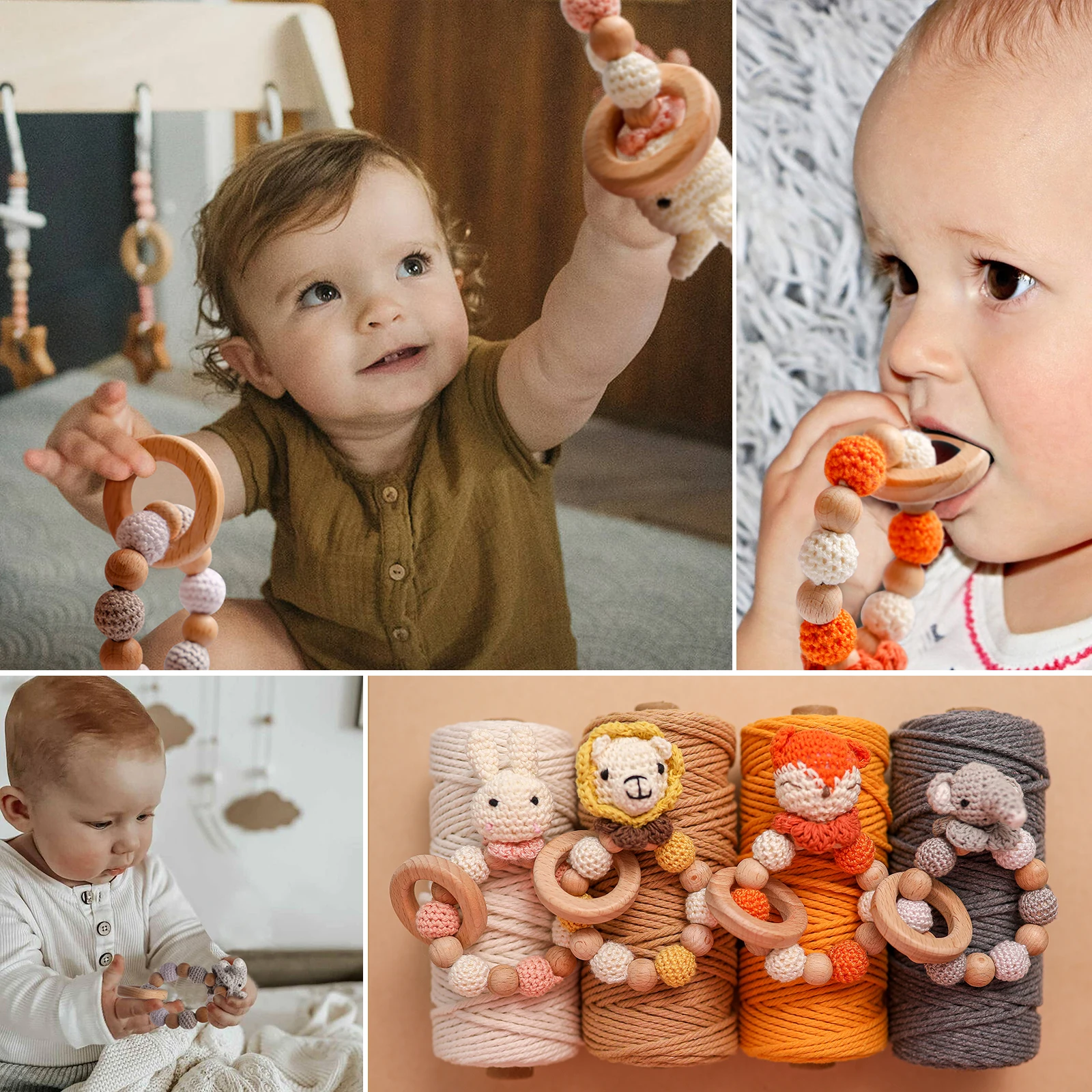 1 Pc Wooden Natural Crochet Baby Infant Teether Teething Ring Bracelet Toys Animal Shaped Nursing Bracelet Rattle Gift for Kids