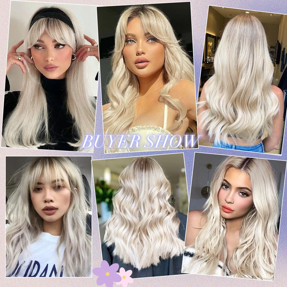 JONRENAU Synthetic Wavy Blonde Platinum Wigs For Women With Bangs Ombre Dark Long Wave Wig Party Daily Heat Resistant Fibre Hair