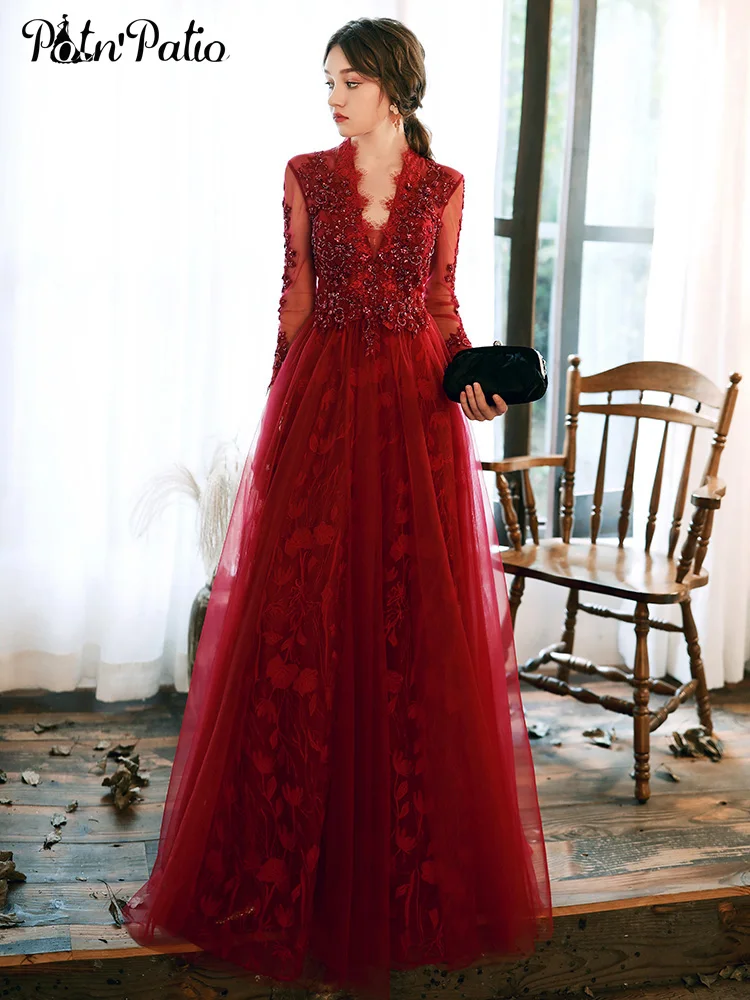 Luxury Wine Red Long Sleeve Prom Dresses 2020 V-neck A-line Floor-length Beaded Lace Evevning Gowns Sexy Backless Gala Dresses