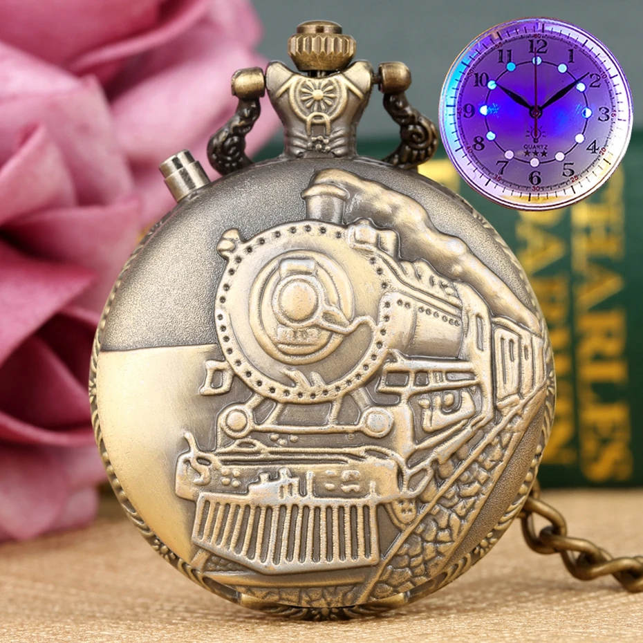 Lampa błyskowa LED Luminous Vintage Dial zegarek kieszonkowy kwarcowy rzeźba z brązu pociąg parowy Steampunk Motor Railway Retro FOB zegar godziny