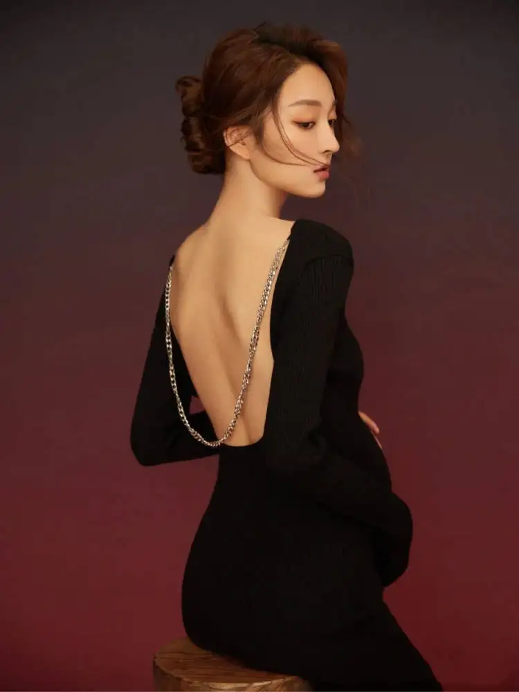 Sexy Backless Black Long Sleeve Dress for Women Evening Party Club Metal Chain maternity photo shoot Dresses 2024