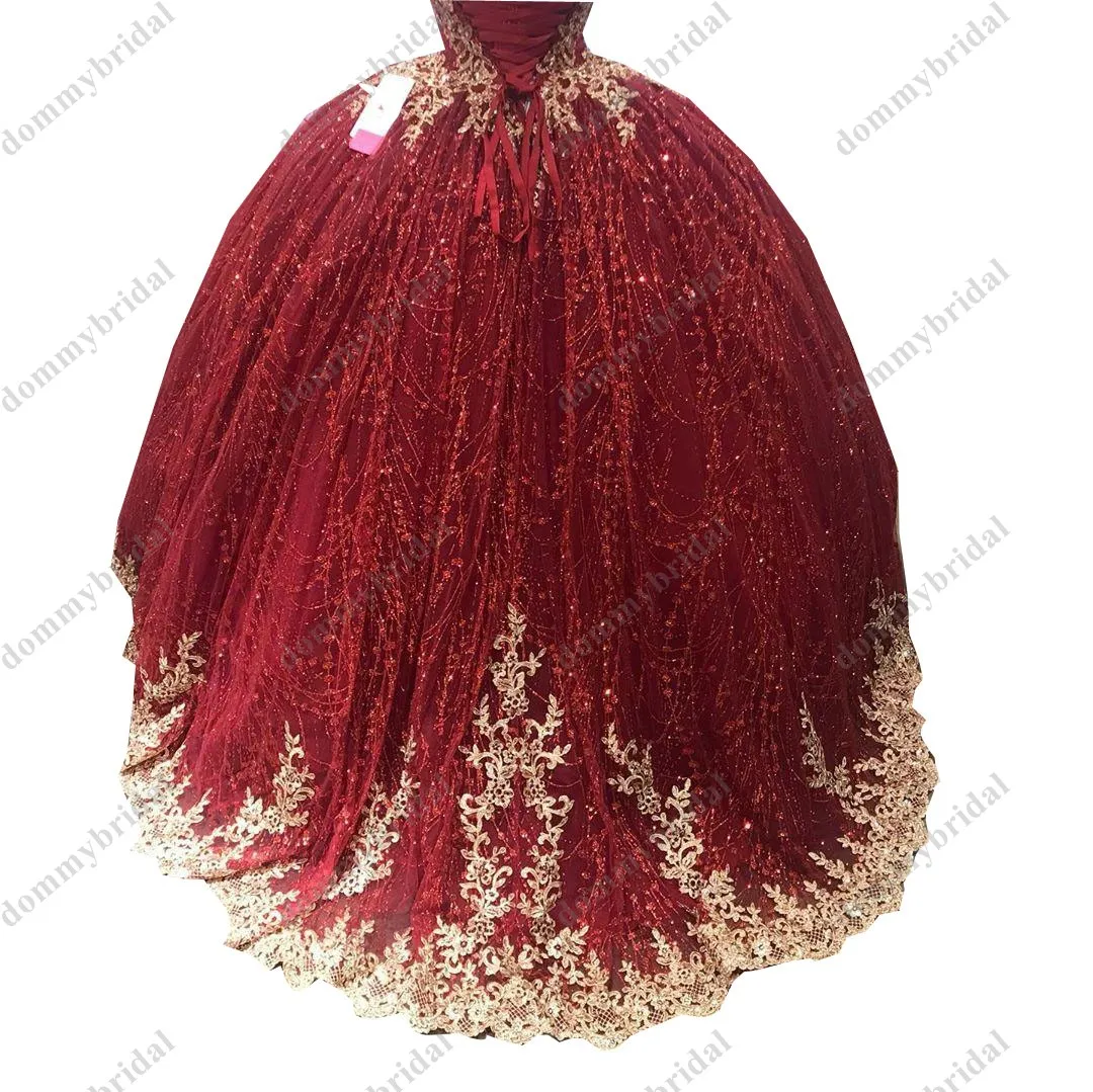 Vestido De 15 Ball Gown Burgundy Glitter Sequin Tulle 2023 Quinceanera Prom Dresses Gold Lace Embroidery Corset Crystal  Charro