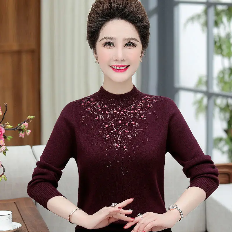 Middle Age Women Sweater Autumn Winter Thick Velvet Knit Pullovers 5XL Female Knitted Sweater Feminina Tops W2198