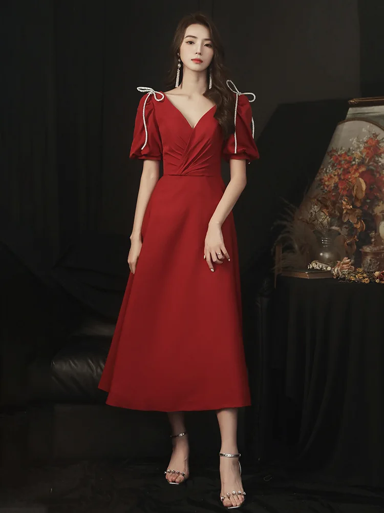 Burgundy Toast Dress 2020 New Wedding Evening Dress Daily Wear Medium And Long Engagement With Bow-knot