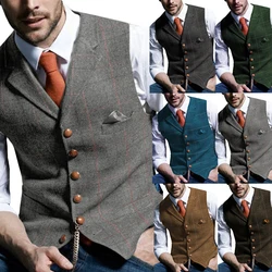 Grey Casual Gentleman Men's Army Green Vest Plaid Soft Wool Jacket Tweed Business Waistcoat For Best Man Wedding For Party