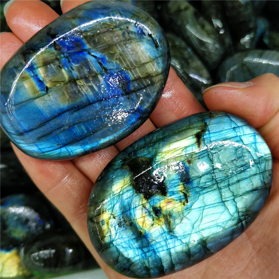 2PC New Arrival High Quality Labradorite Flash Polishing Oblate Palms Worry Stone Moonstone Mineral Crystals Pocket Jewel Crafts