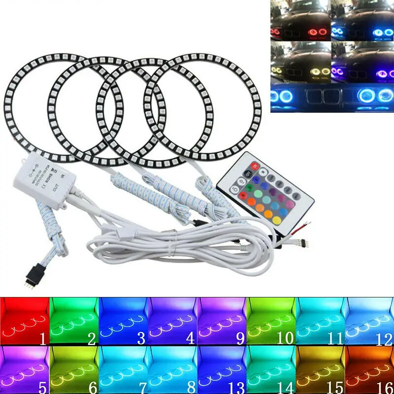 4X 131MM LED Headlight Multi-color RGB LED Angel Eyes Halo Ring Eye DRL RF Remote Control For BMW E46 3 Series