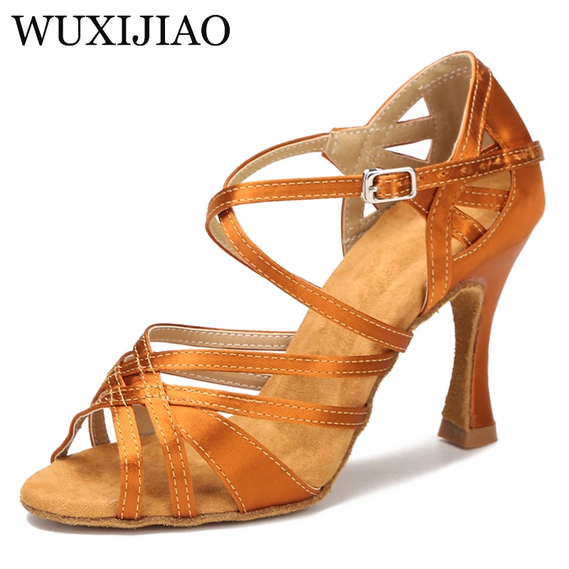 WUXIJIAO – chaussures de danse latine en satin à semelle souple pour femmes, chaussures d\'intérieur pour spectacle de fête et de salle de bal,