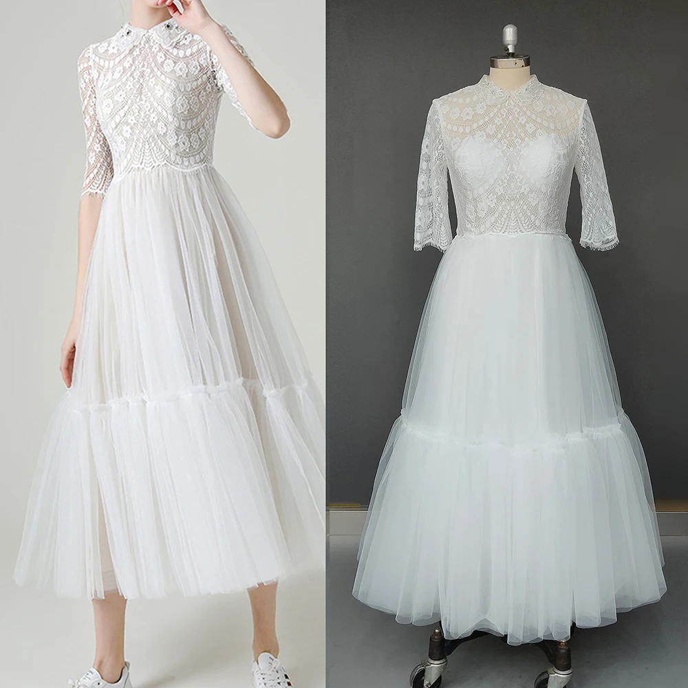 Robe de cérémonie de mariage en dentelle, longueur thé, demi-manches, sur mesure, col rabattu, transparent, Tulle, Illusion, col en v, robes de mariée