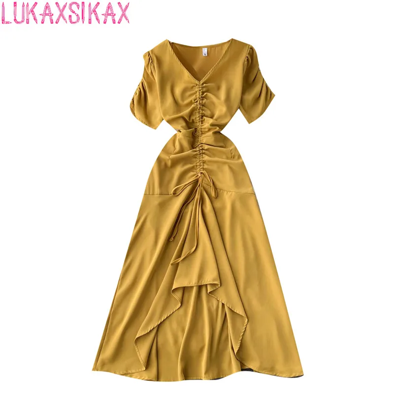 

LUKAXSIKAX 2022 New Summer Women V-Neck Short Sleeve Casual Dress Fashion Shirring Ruffles Hem Slim Dress