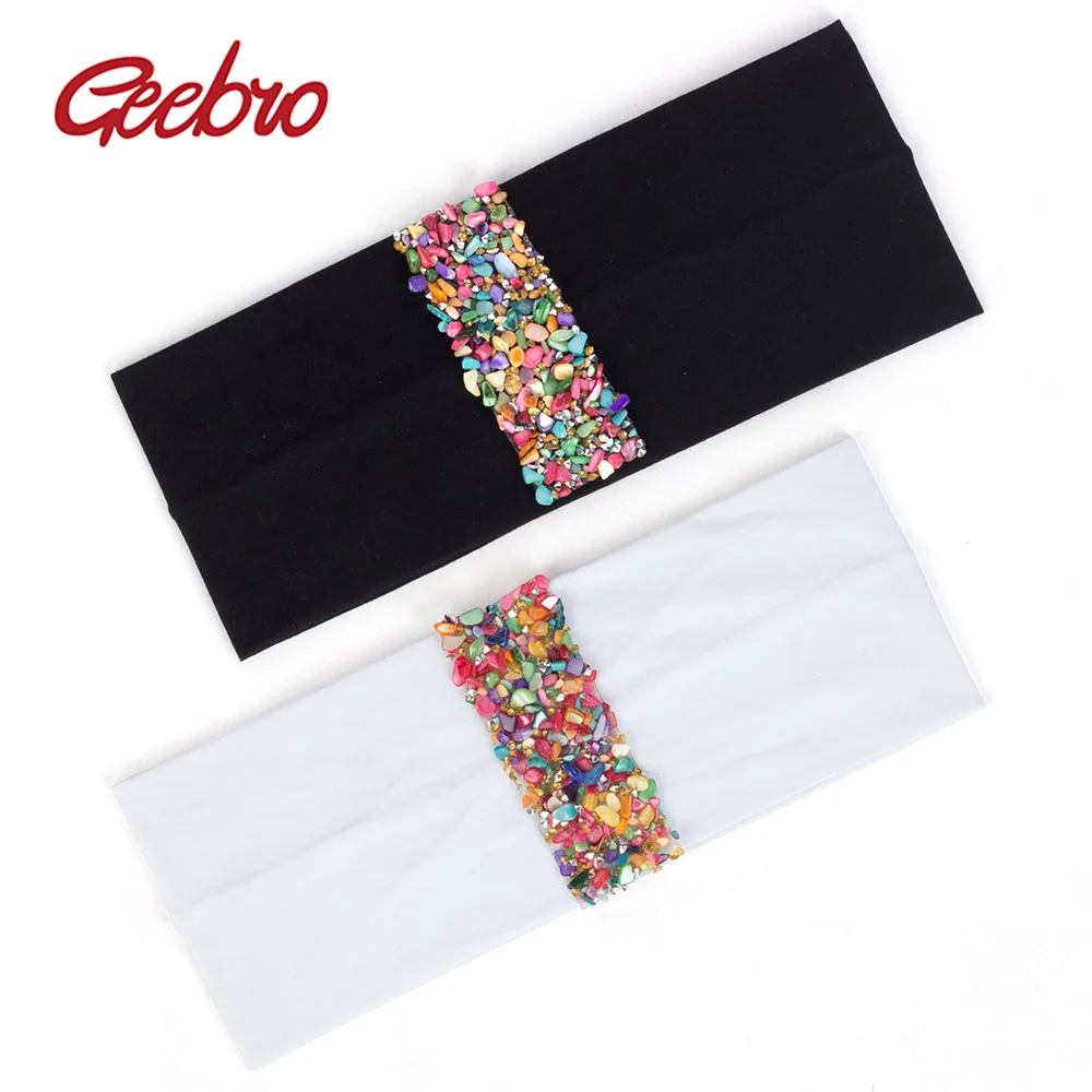 Geebro Women New Cotton Soft Headband With Colorful Stones Rhinestones Accessories Headwear Girls Fashion Elastic Flat Hairband