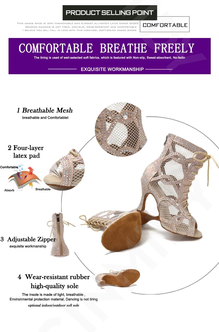 CINMIDY Tanzstiefel Bauchtanz-/Pole-Dance-Schuhe Damen Latein-Tanzschuhe Atmungsaktive Mesh-High-Heels Ballsaal-Tanzschuhe – Detail 9