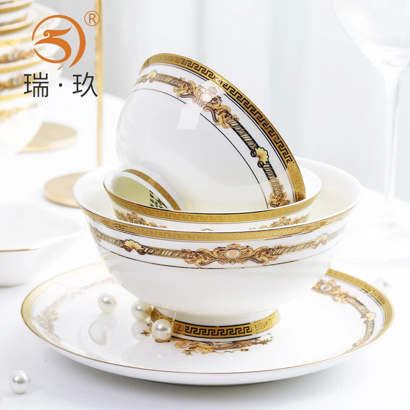 

Tangshan bone china tableware, Chinese household bowls, plates, spoons and ceramic soup pot bowl optional combination