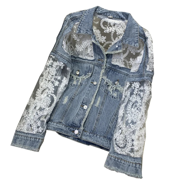 

2022 spring and autumn new loose mesh stitching sleeves wild perspective embroidery lace short jacket female trend