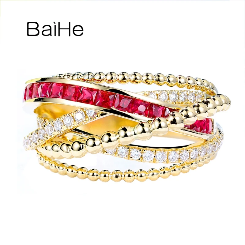 

BAIHE Solid 14K Yellow Gold Natural Ruby Diamond Ring Women Trendy Party Wedding Fine Jewelry Making Anillo de rubí Rubinring