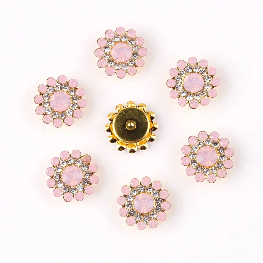 14mm Blumenförmige runde Glaskristall-Strasssteine mit goldener Basis, flache Rückseite zum Aufnähen, Strassperlen, DIY-Verzierung – Detail 7