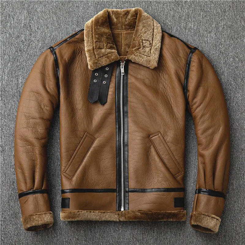 2020 Military Style Brown Men B3 Bomber Shearling Plus Size 3XL Genuine Sheepskin Russian Winter Warm Aviator Leather Coat