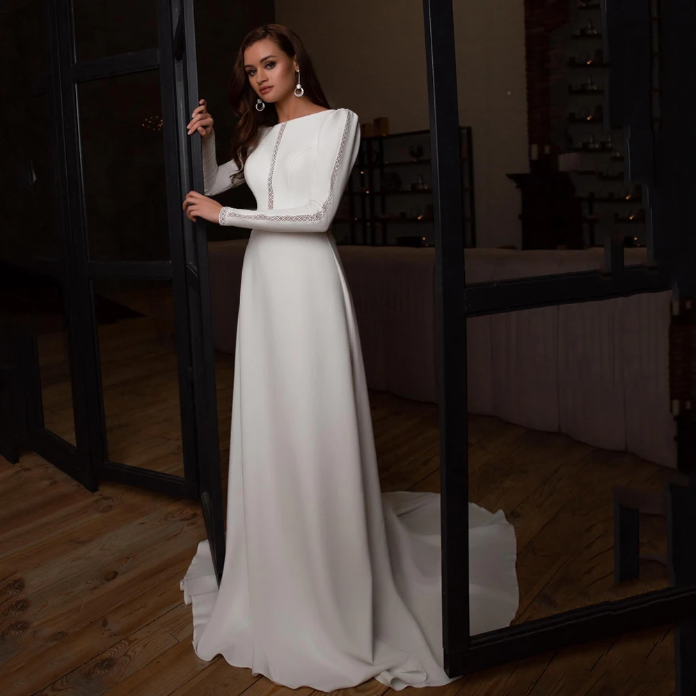 Modest Langen Ärmeln EINE Linie Hochzeit Kleid frauen O Neck Plain Spitze Jersey Gericht Zug Zurück V Braut Kleider