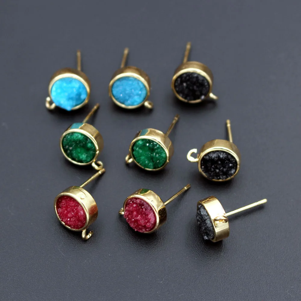 10pairs Trendy Natural Stone Earrings Post with Loop Round Color Druzy Agate Cluster Stone Earrings for DIY Women Drops Earrings
