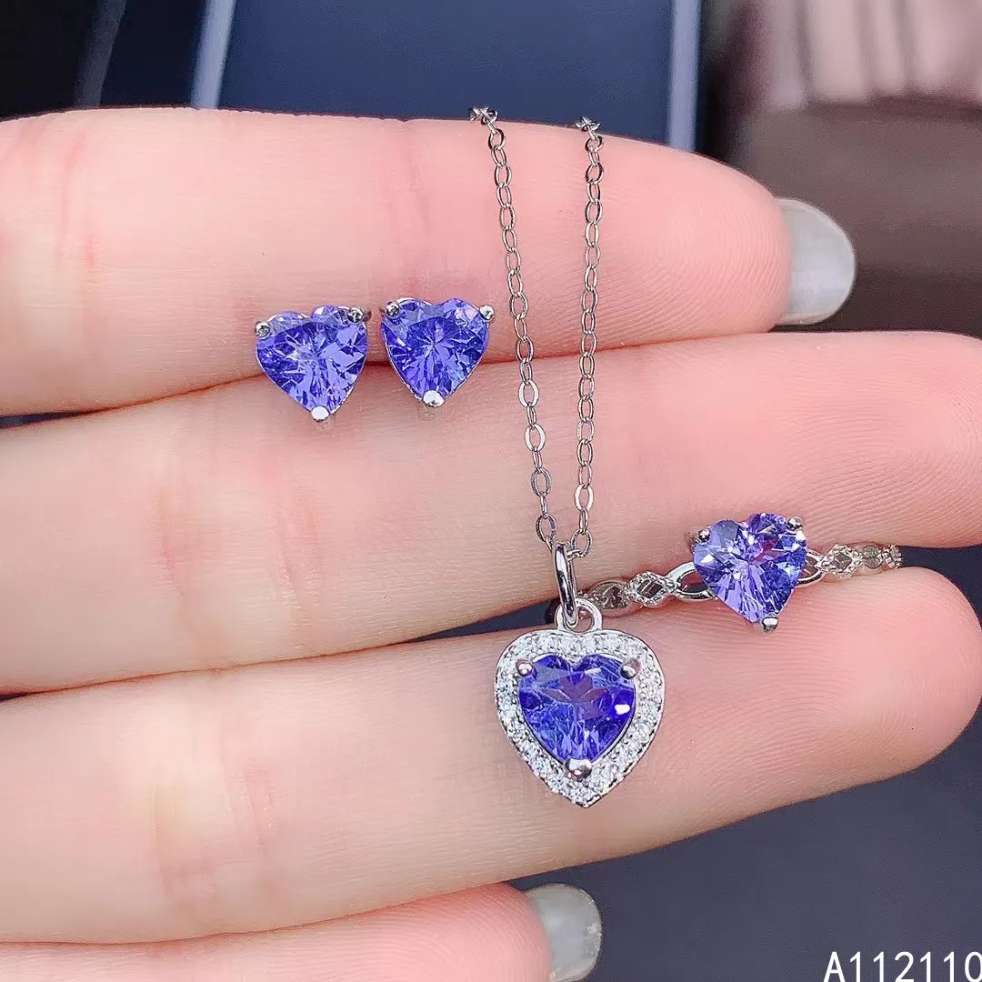 

Fine Jewelry 925 Pure Silver Inset With Natural Gem Women's Luxury Lovely Heart Tanzanite Pendant Ring Earring Set Support Detec