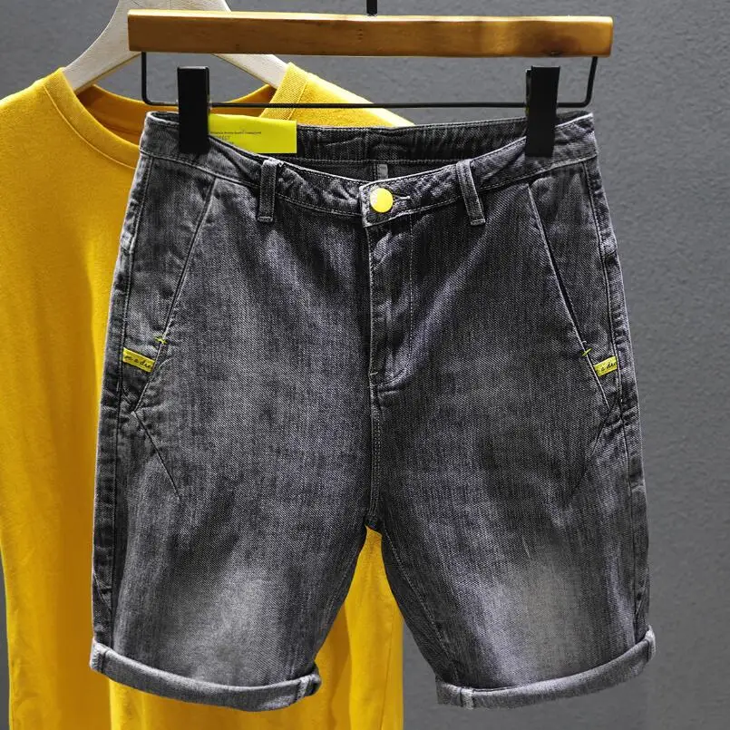 Men Black Denim Shorts Jeans Fit Casual Shorts High Quality Male Stretch Cotton Denim Jeans Shorts Elastic Knee Length Jeans