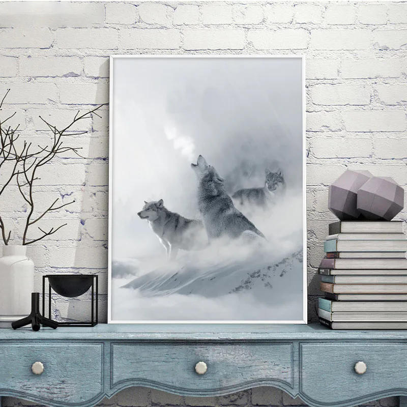 Schnee Berg Wolf Landschaft Póster Nordic Stil Leinwand Kunstdruck Malerei Wand Bild Für Wohnzimmer Moderne Wohnkultur