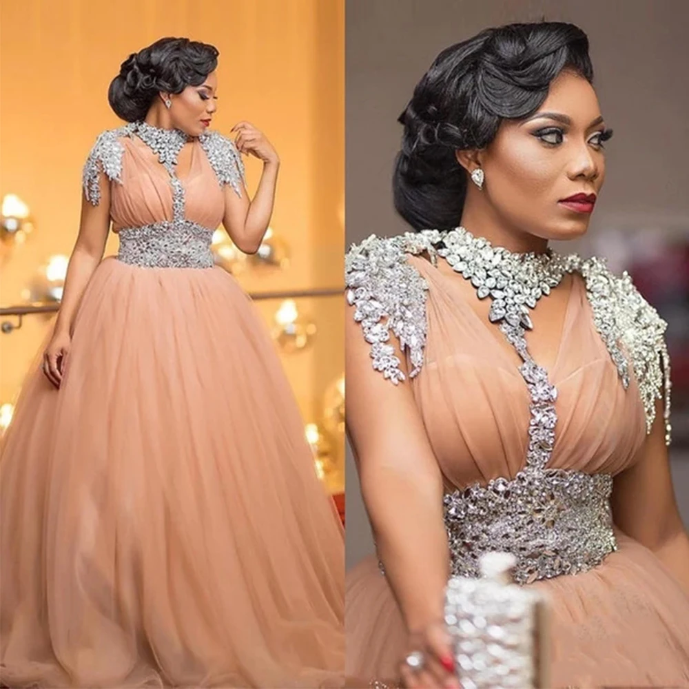 Luxury African Evening Dresses Customized Beaded Crystal Plus Size Gowns Tulle A Line Long Formal Prom 2020 Robe De Soiree