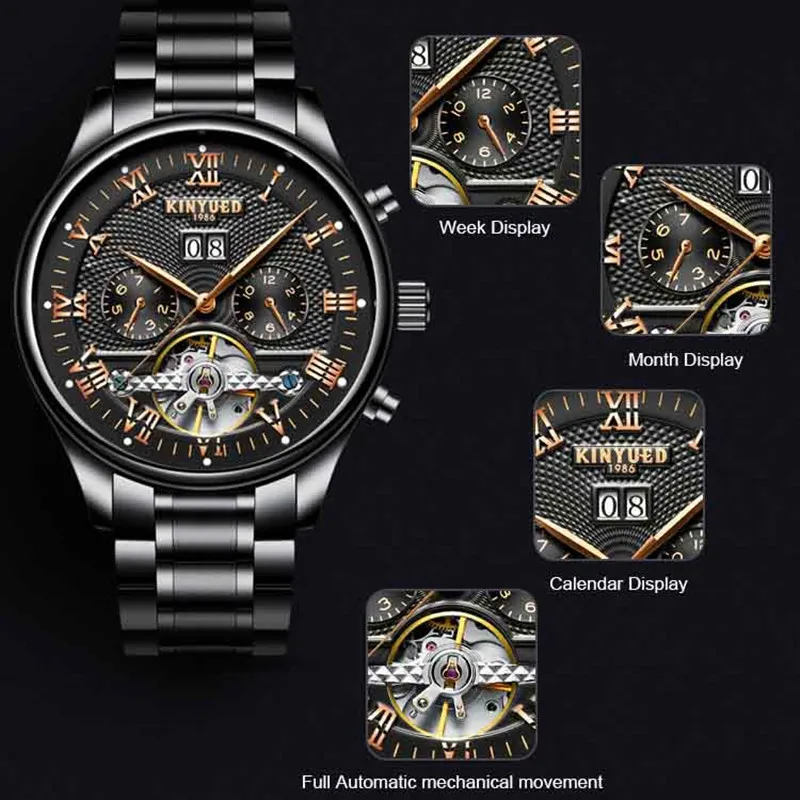 Kinyued Men's Luxury Skeleton Watch Male Automatic Mechanical Wrist Watches Business Waterproof Hand Clock For Man Reloj Hombre