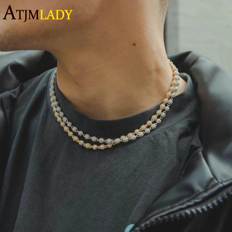 Iced Out Bling 5A Cubic Zirconia Paved CZ Ball Link Chain In White Silver Gold Color Choker Necklace For Mens Boy HipHop Jewelry