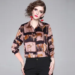 2021 Spring  Summer  European American Animal Print Chiffon Women Long Sleeve Shirt Neck Retro Fashion Girl Clothes