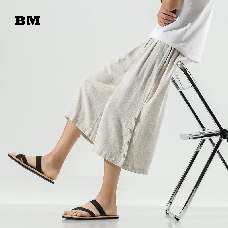 

Summer Casual Loose Plus Size Wide Leg Cropped Trousers 2021 Chinese Style Cotton Linen Casual Thin Straight Pants Men Clothing