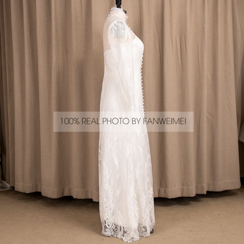 Vestido de novia blanco para mujer, longitud hasta el suelo, encaje bohemio, cuello levantado, fotos reales, #9231, 100%