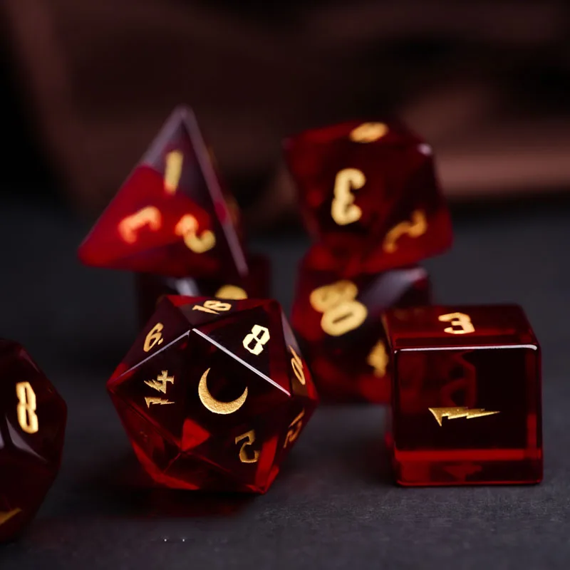 Red Glass Polyhedral D&D Dice Set Handmade Moon Logo Digit Dice RPG COC DND Dice For Borad Table Games Crafts Christmas Gift