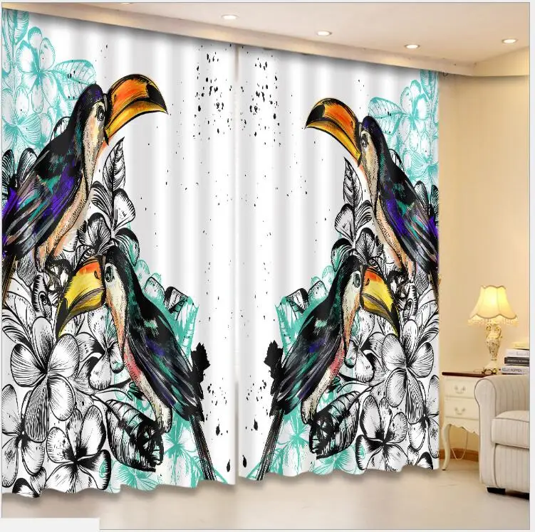 Modern European Living Room Parrot Pattern Blackout 3D Window Curtains Bedroom Drapes  Customized Size Pillowcase