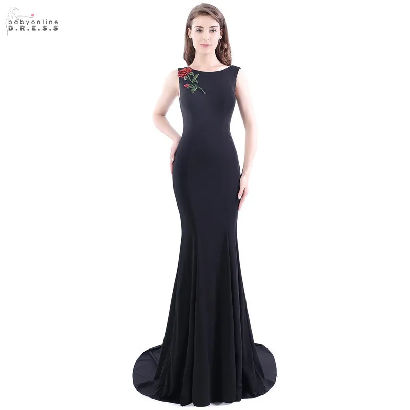 Elegant Black Mermaid Long Evening Dresses With Rose Embroidery Sexy Backless Beadings Evening Party Dresses Satin Abendkleider