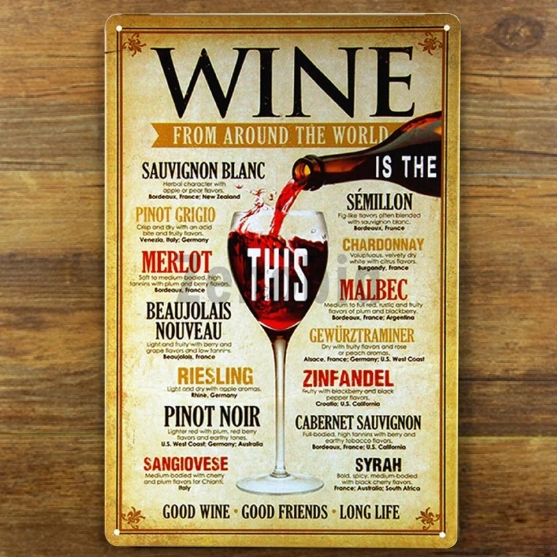 

A Variety of Wine Names Retro Metal Poster Tin Sign for Home Bar Pub Wall Art Decoration Shabby Tin Plaque Metal Vintage 30X20cm