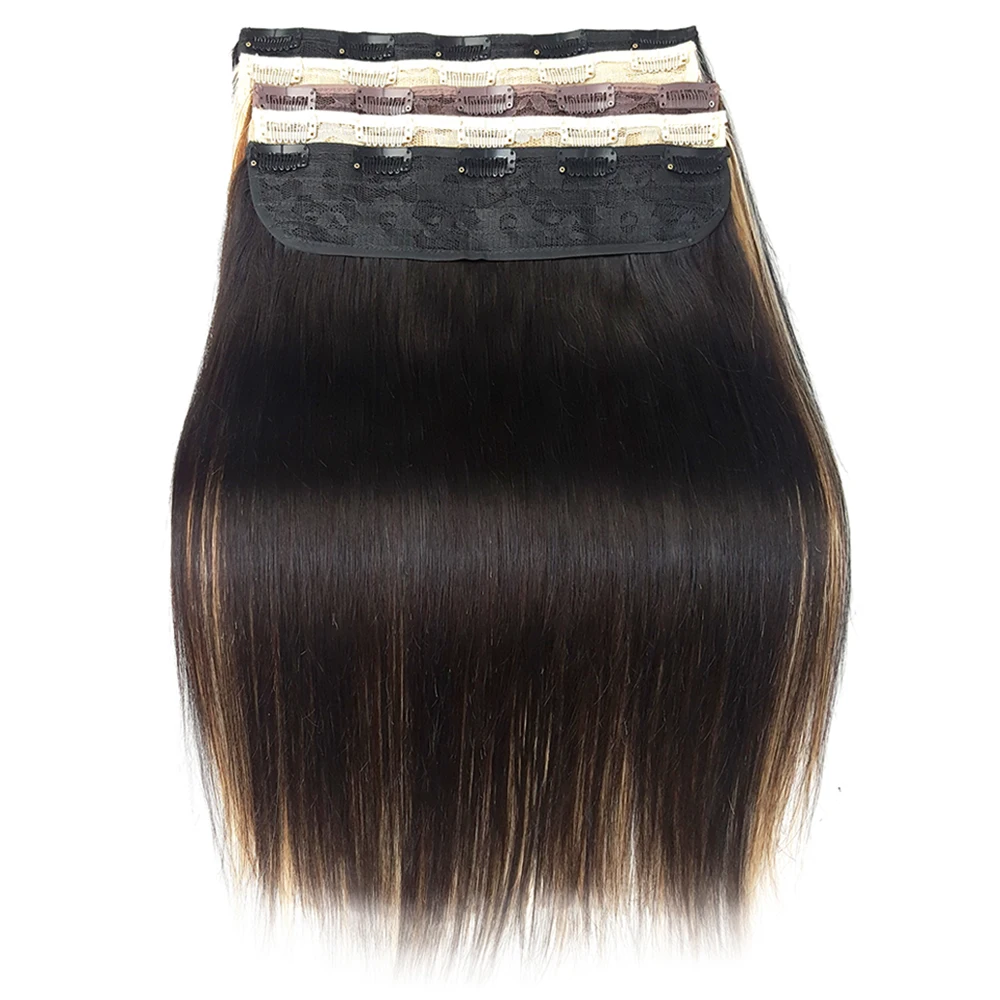 ShowCoco Clip In One Piece Human Hair Extensions Blonde Brown Brazilian 100% Remy Hair 14inch-24inch 100g/140g/180g