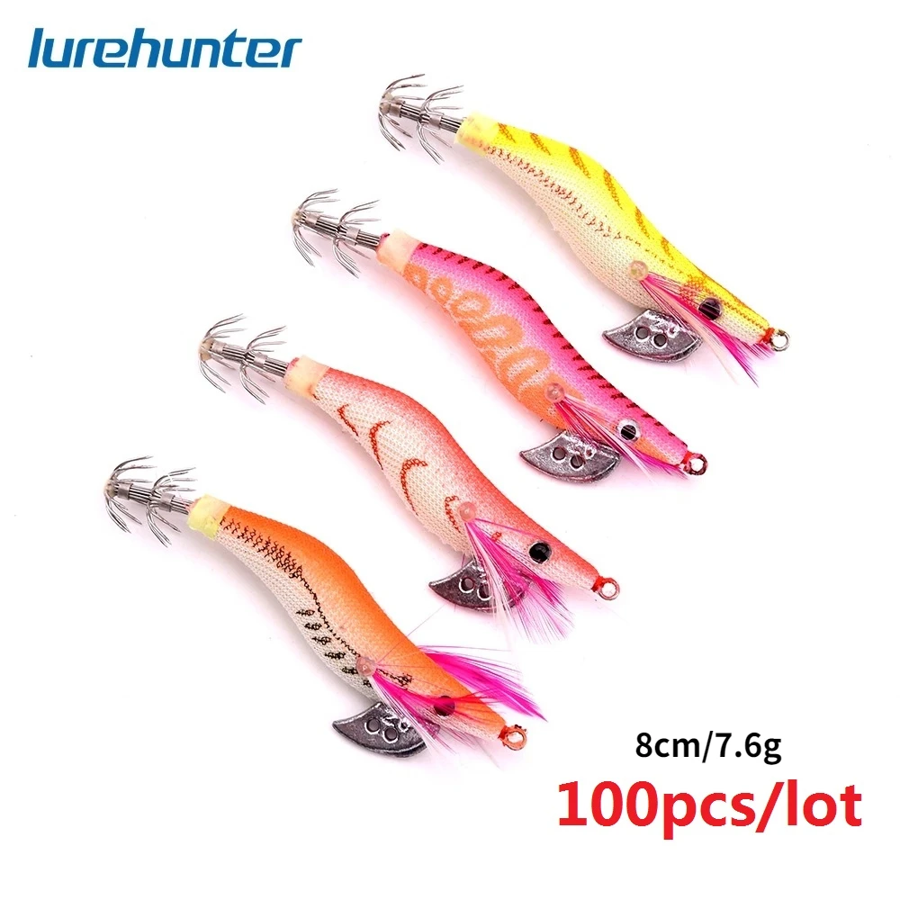 Wholesale 100Pcs Fishing Lures Lead Sinker Squid Jig Hook Wooden Shrimp Artificial Octopus Cuttlefish Shrimp Fishing Bait