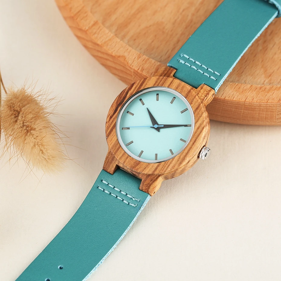 Turquoise Blue Wood Watch Fashion Women Quartz Wooden Watches Modern Bamboo Watch Lady Leather Band Clock Top Gifts Luxury reloj