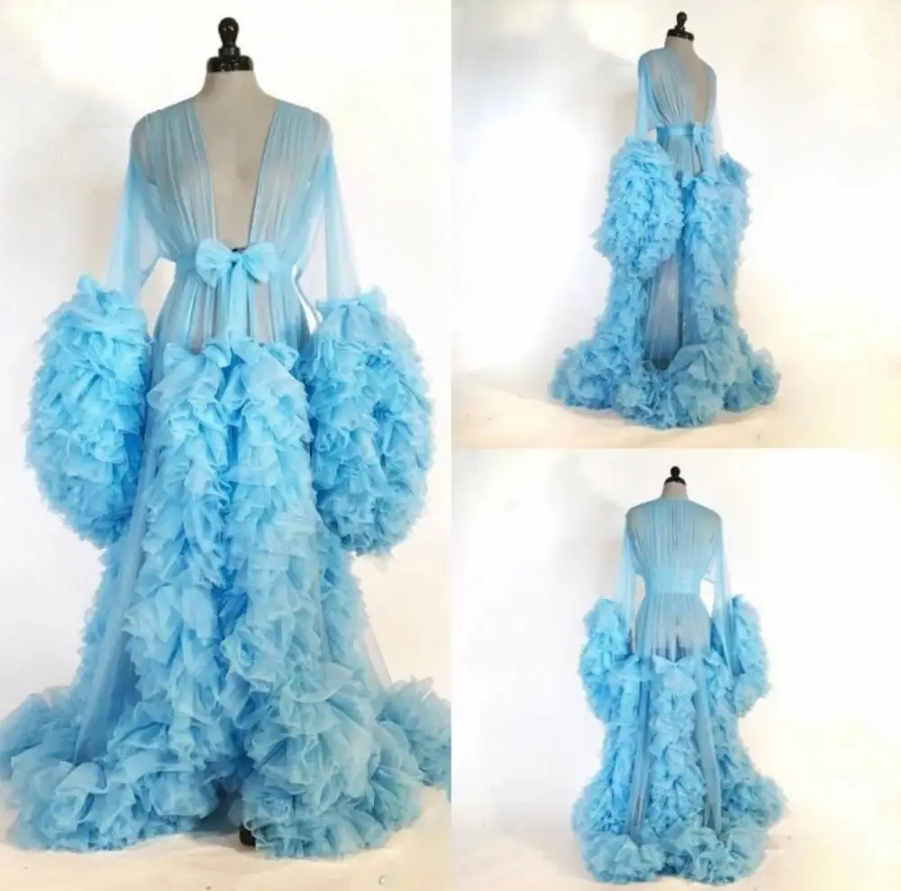 Blue Ruffles Bathrobe Sleepwear Bathrobe Boudoir Dress A Line Kimono Dressing Gown Babydoll Sexy Lingerie Bath Robes De Mariée