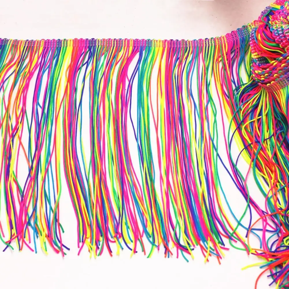 1 Yard Latin Fringe Tassel Rainbow Colored Nylon Latin Dress Trimming Dancewear Macrame Sewing Lace Fluro Double Band 20CM
