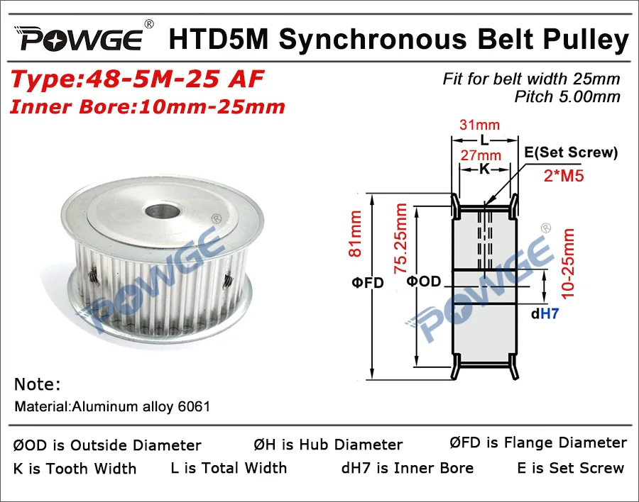 Imagem -05 - Powge Polia de Distribuição Síncrona Arco Htd 5m 48 Dentes Diâmetro 10 12 14 15 16 17 18 19 20 25 mm para Largura 25 mm Htd5m Correia 48 Dentes 48 t