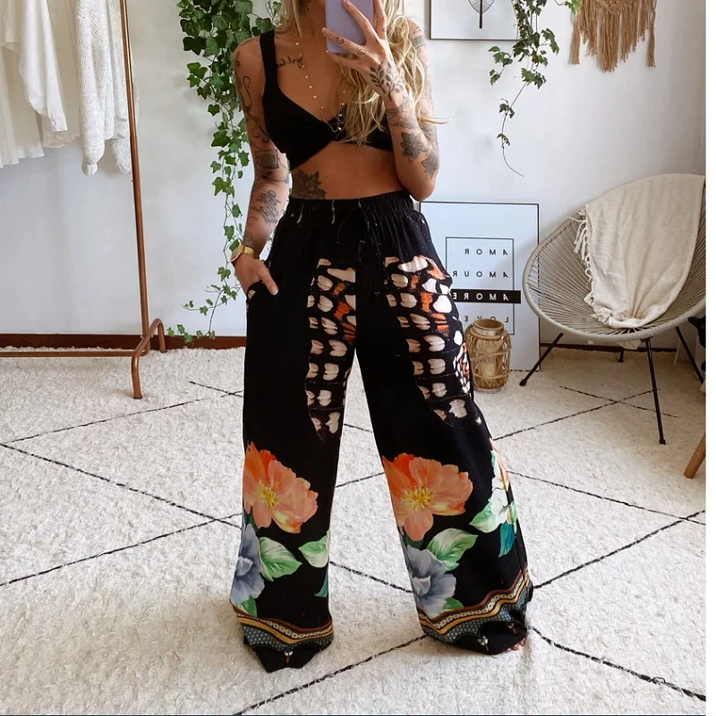 2 Pcs Summer Tracksuit Sets Womens Boho Outfits Beach Style Print Underwear Tops Loose Wide Leg Pants Female Clothes Sets