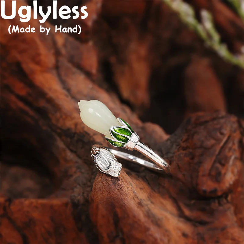 

Uglyless 100% Natural Jade Magnolia Rings for Women Vintage Enamel Green Floral Rings Real 925 Silver Elegant Lady Dress Jewelry