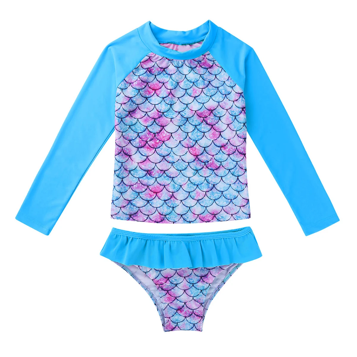 キッズガールズタンキニセット長袖ラッシュガード水着水着水着水着水着セット魚の鱗プリントトップス