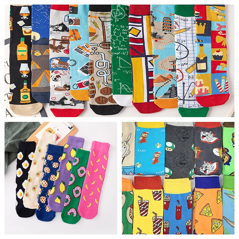 1 pair of harajuku new hot quality happy socks for men and women fruit cotton socks burger fries funny Casual Colorfu socks